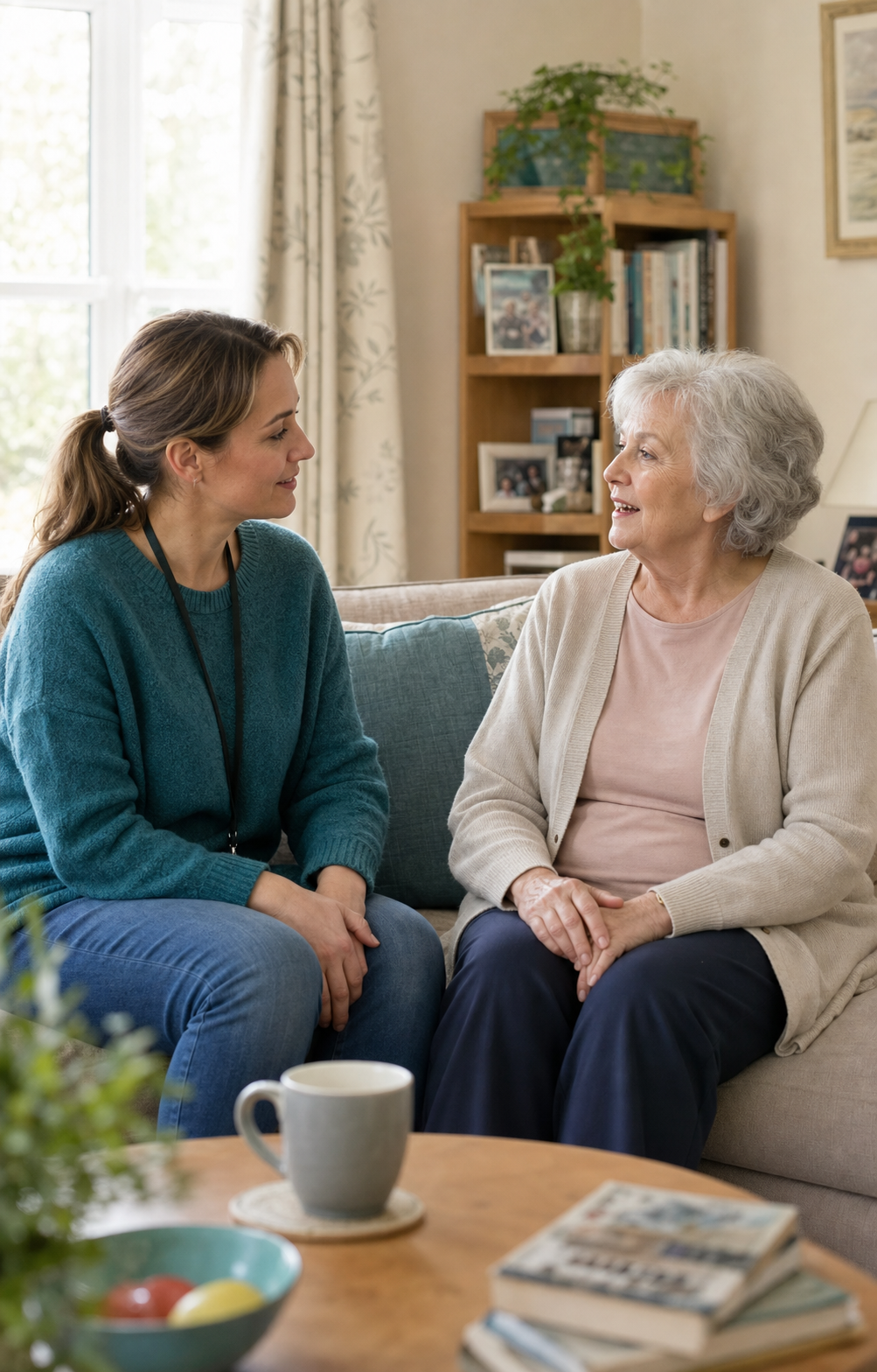 A care professional talking with an older woman at home